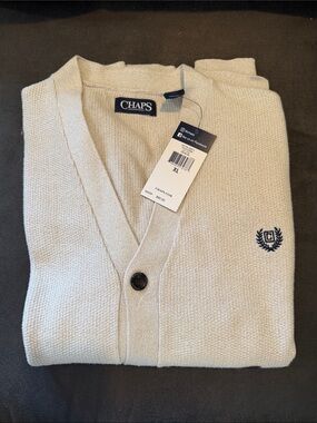 Chaps Cream V-Neck Men’s Button Front Cardigan with Crest‎ Logo NWT